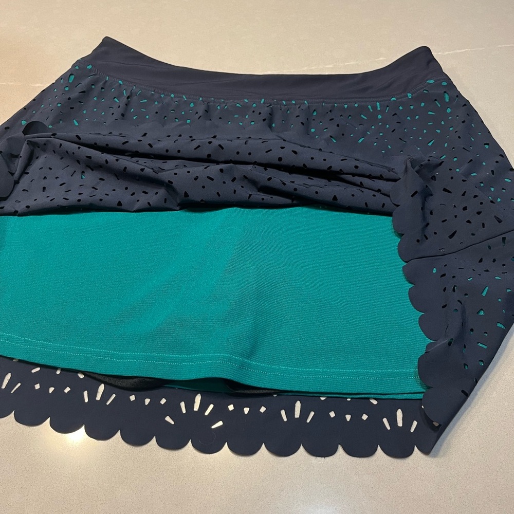 Title Nine navy scalloped with teal liner, skort